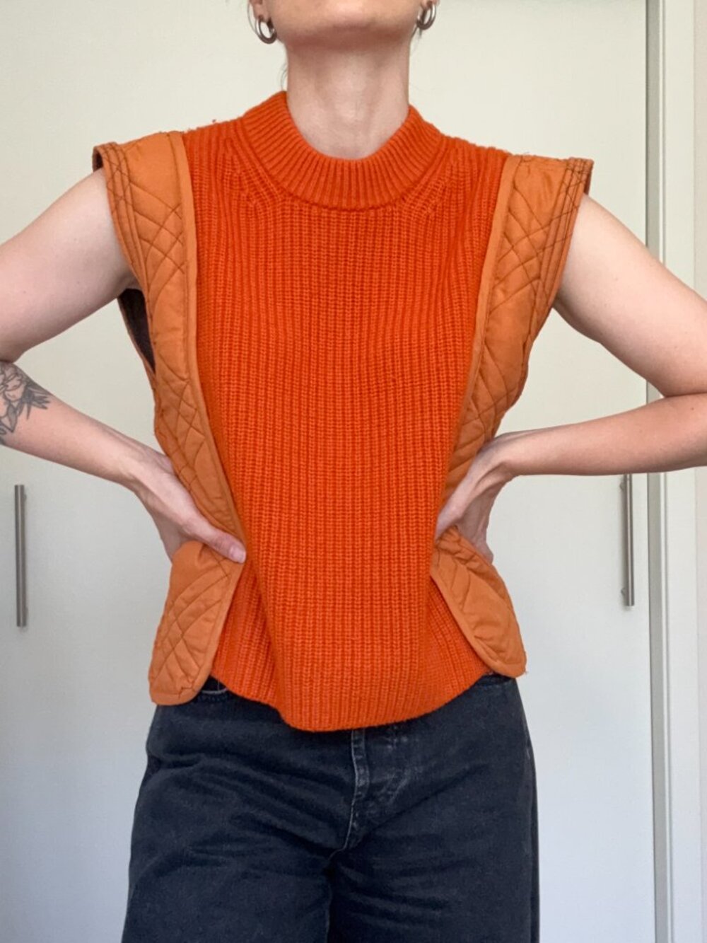 Orange Sweater Vest with Quilted Shoulder Panels